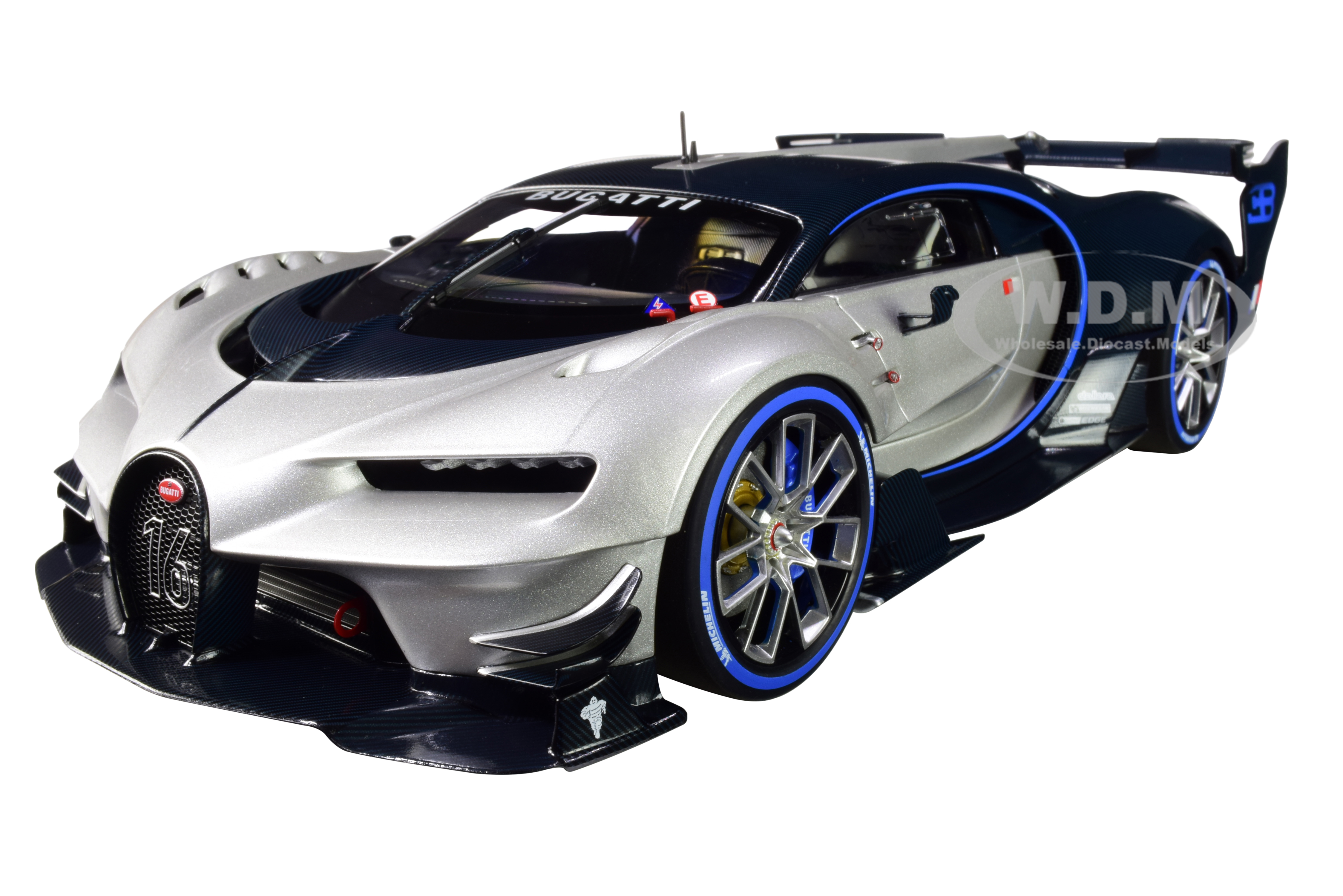 Bugatti Vision Gran Turismo 16 Argent Silver and Blue Carbon Fiber 1/18 Model Car by Autoart