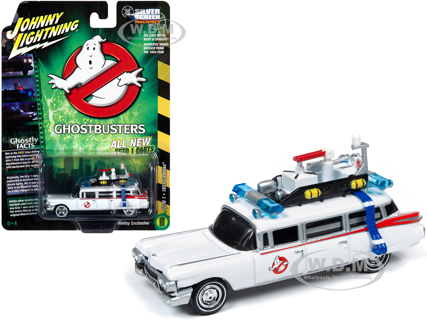 Image of 1959 Cadillac Eldorado ECTO-1 Ambulance White "Ghostbusters" (1984) Movie 1/64 Diecast Model Car by Johnny Lightning