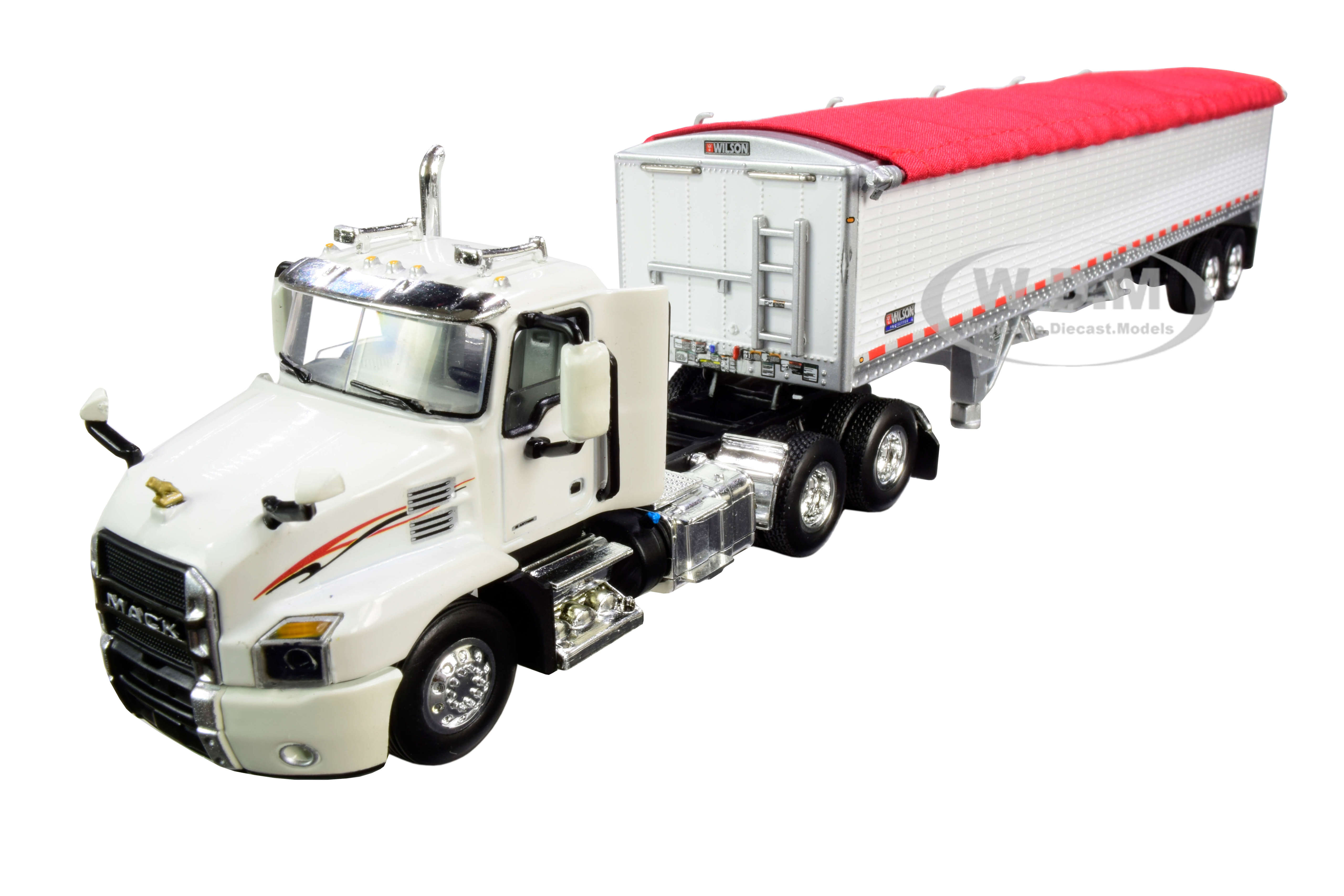 Image of Mack Anthem Day Cab with Wilson PaceSetter High-Sided Tandem-Axle Grain Trailer White 1/64 Diecast Model by DCP/First Gear