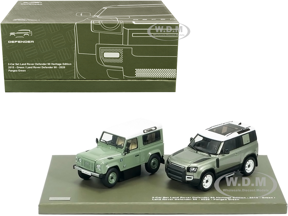 2015 Land Rover Defender 90 Heritage Edition Green and 2020 Land Rover Defender 90 Pangea Green Set of 2 pieces Limited Edition to 299 pieces Worldwi