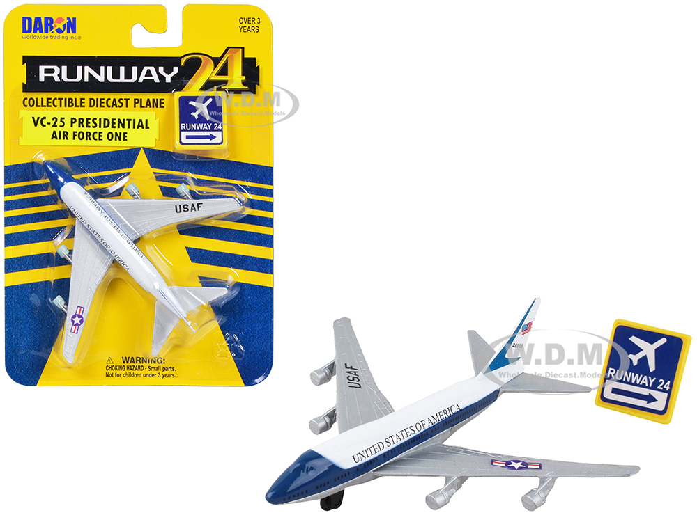 Boeing VC-25 Aircraft White and Blue United States of America - Air Force One with Runway 24 Sign Diecast Model Airplane by Runway24