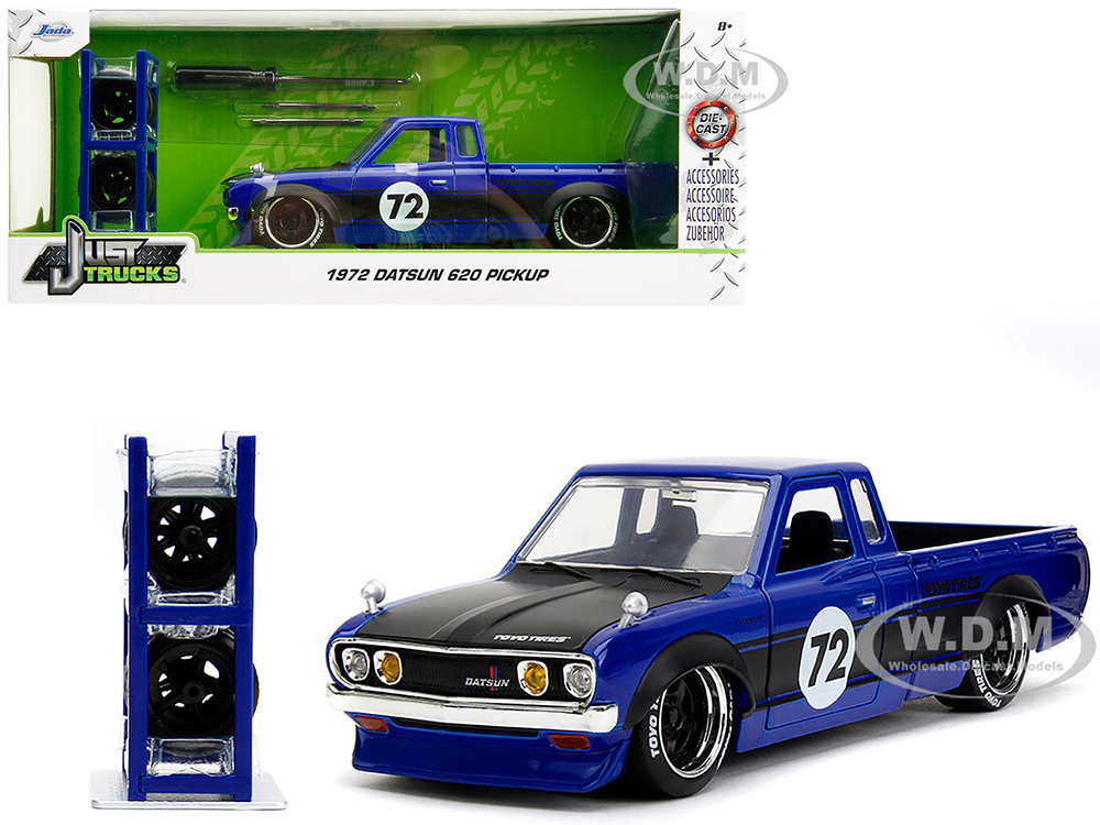 1972 Datsun 620 Pickup Truck 72 Blue Metallic With Black Stripes And Hood Toyo Tires With Extra Wheels Just Trucks Series 1/24 Diecast Model Car