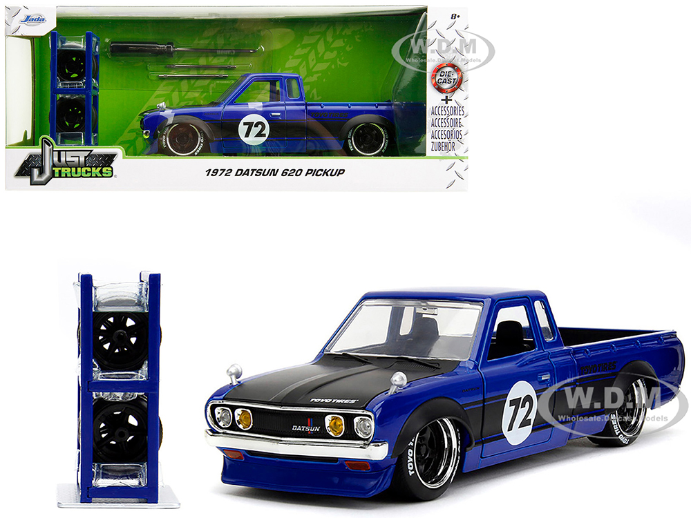 1972 Datsun 620 Pickup Truck 72 Blue Metallic with Black Stripes and Hood 