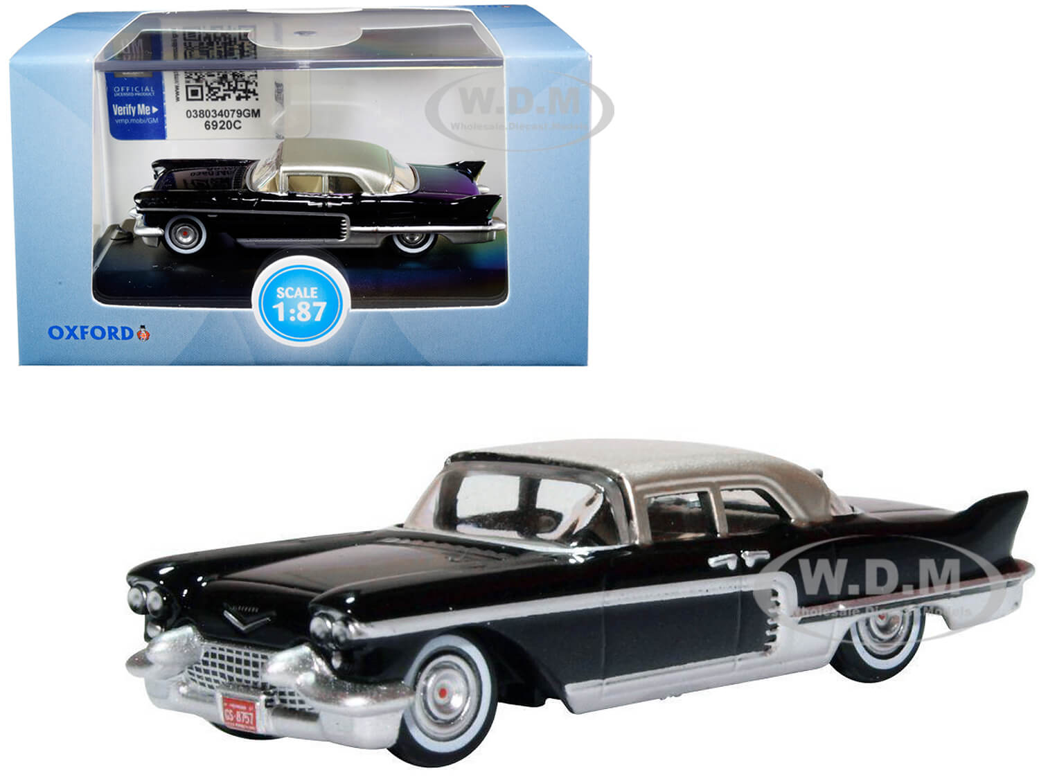 1957 Cadillac Eldorado Brougham Ebony Black with Silver Metallic Top 1/87 (HO) Scale Diecast Model Car by Oxford Diecast