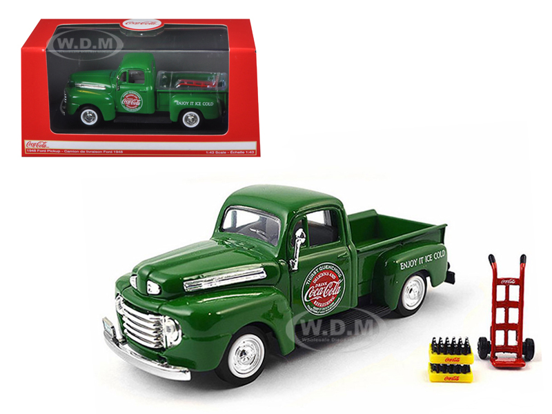1948 Ford Pickup Truck "Coca-Cola" Green with Coke Bottle Cases and Hand Cart 1/43 Diecast Model Car by Motorcity Classics