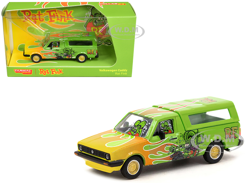 Volkswagen Caddy Pickup Truck with Camper Shell Green with Flames and Graphics Rat Fink Collab64 Series 1/64 Diecast Model Car by Schuco & Tarmac Works