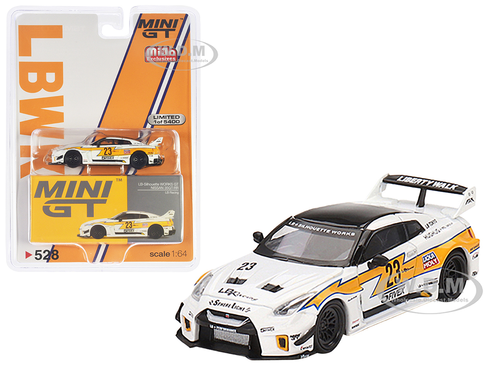 Nissan LB-Silhouette Works GT 35GT-RR Ver.1 RHD (Right Hand Drive) #23 White with Yellow Stripes LB Racing Limited Edition to 5400 pieces Worldwide 1/64 Diecast Model Car by True Scale Miniatures