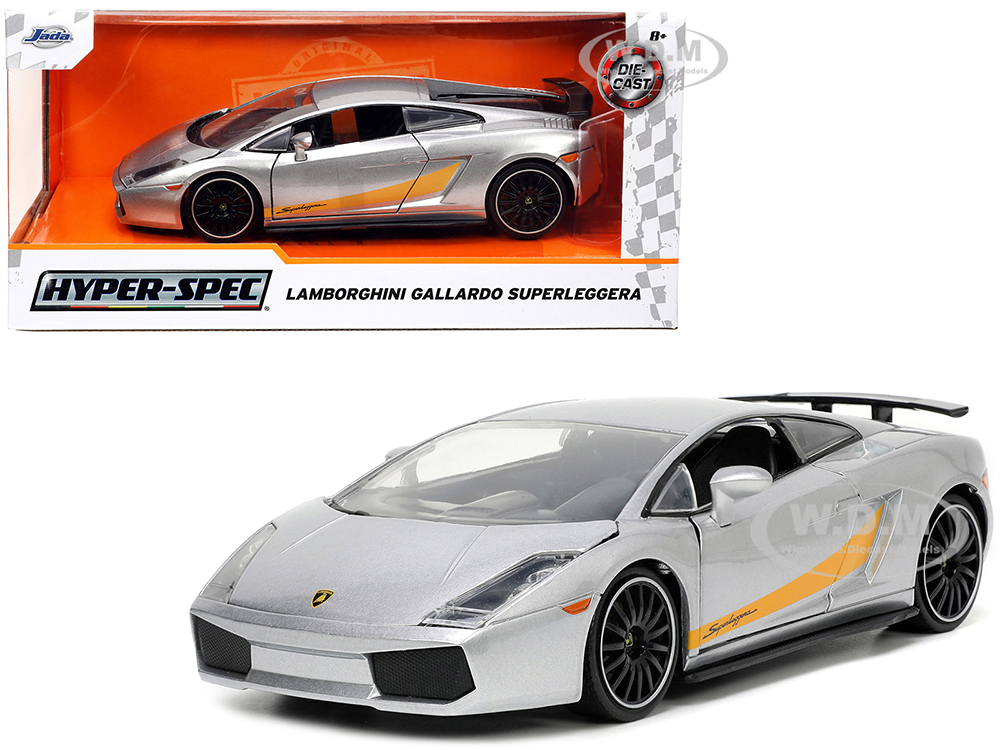 Lamborghini Gallardo Superleggera Silver Metallic with Yellow Stripes Hyper-Spec Series 1/24 Diecast Model Car by Jada