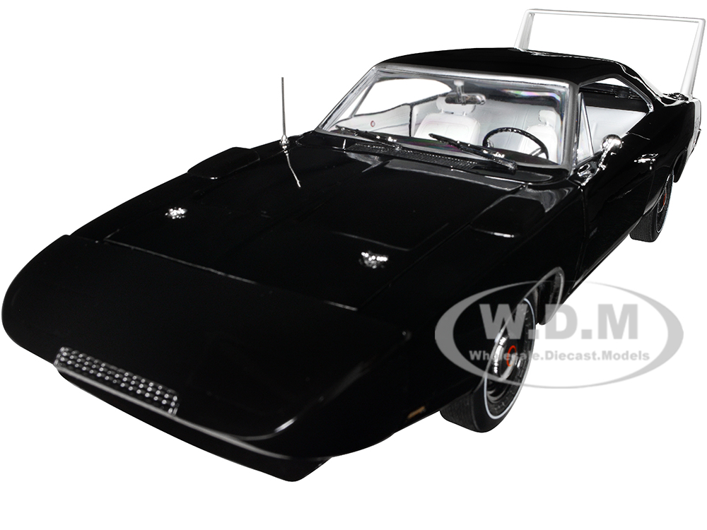 1969 Dodge Charger Daytona X9 Black with White Interior and Tail Stripe American Muscle Series 1/18 Diecast Model Car by Auto World