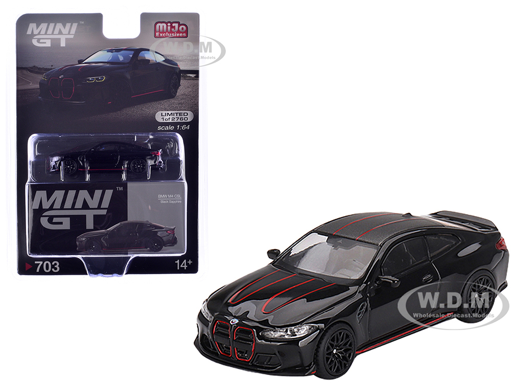 BMW M4 CSL Black Sapphire with Carbon Top and Red Stripes Limited Edition to 2760 pieces Worldwide 1/64 Diecast Model Car by Mini GT