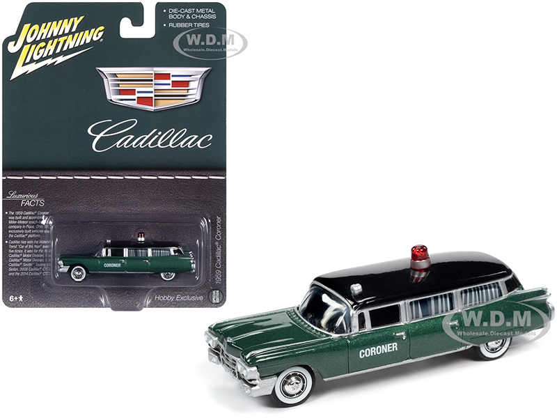 Image of 1959 Cadillac "Coroner" Green Metallic with Black Top "Special Edition" 1/64 Diecast Model Car by Johnny Lightning