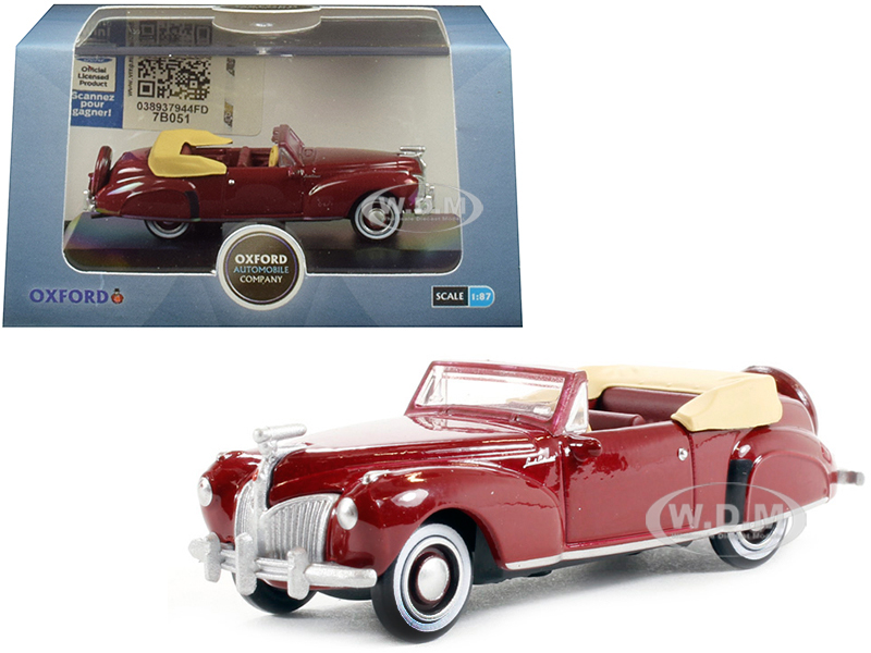1941 Lincoln Continental Convertible Maroon 1/87 (HO) Scale Diecast Model Car by Oxford Diecast