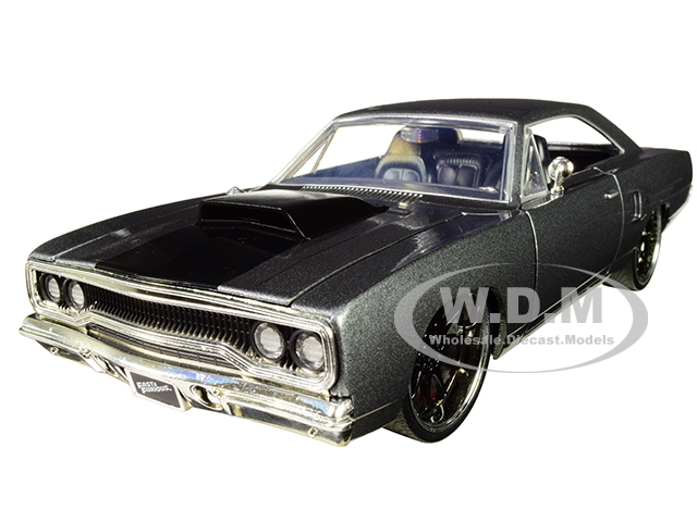 Doms Plymouth Road Runner Gray Metallic with Black Hood Stripe "Fast &amp; Furious" Movie 1/24 Diecast Model Car by Jada