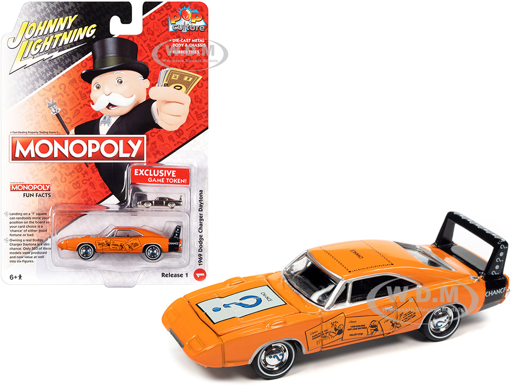 1969 Dodge Charger Daytona Chance Orange with Black Tail Stripe and Graphics with Game Token Monopoly Pop Culture 2022 Release 1 1/64 Diecast Model Car by Johnny Lightning