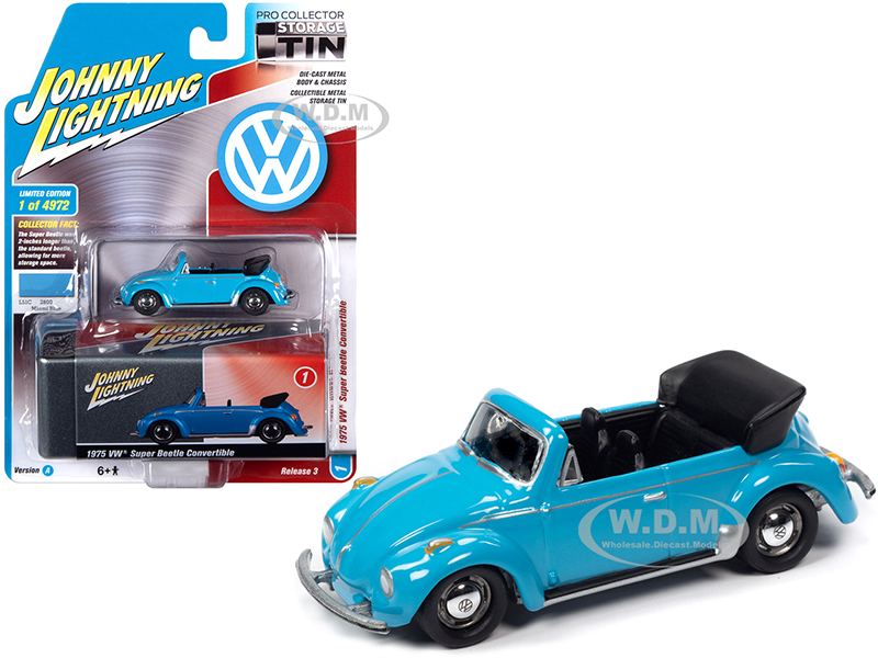 Image of 1975 Volkswagen Super Beetle Convertible (Top Down) Miami Blue and Collector Tin Limited Edition to 4972 pieces Worldwide 1/64 Diecast Model Car by J