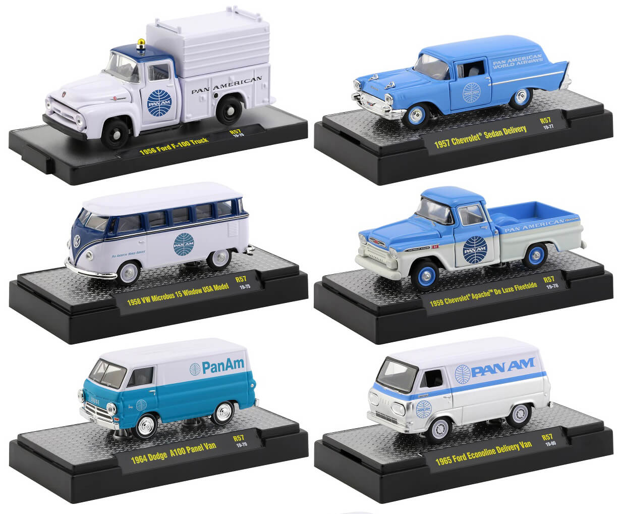 "Auto Trucks" Release 57 Set of 6 pieces "Pan American World Airways" (Pan Am) IN DISPLAY CASES 1/64 Diecast Model Cars by M2 Machines