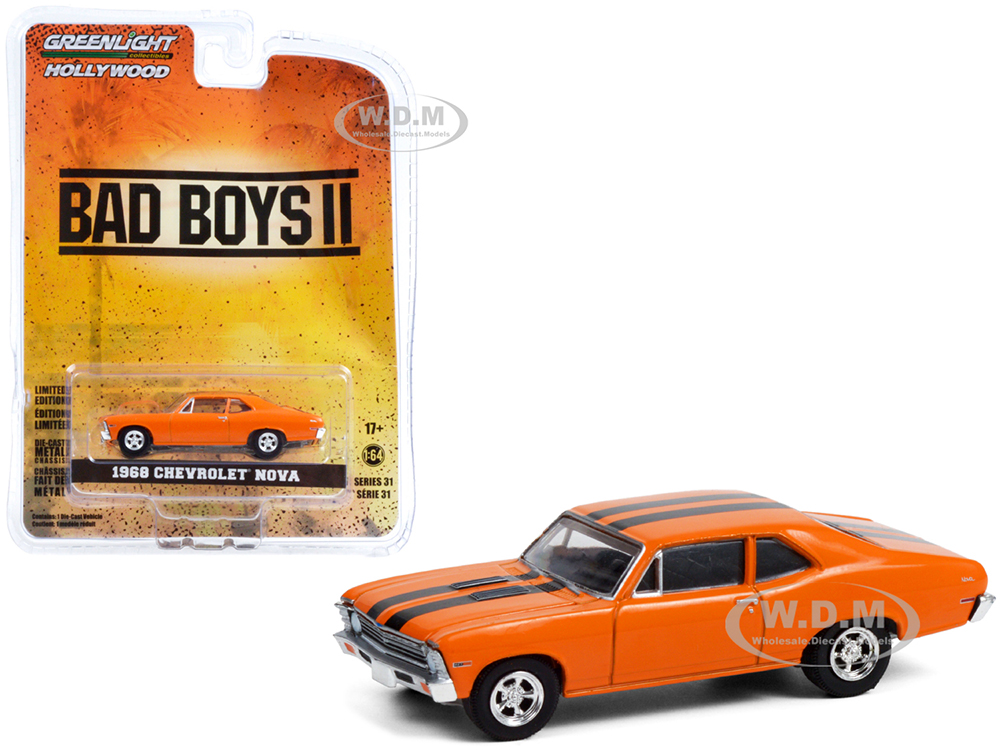1968 Chevrolet Nova Orange with Black Stripes "Bad Boys II" (2003) Movie "Hollywood Series" Release 31 1/64 Diecast Model Car by Greenlight