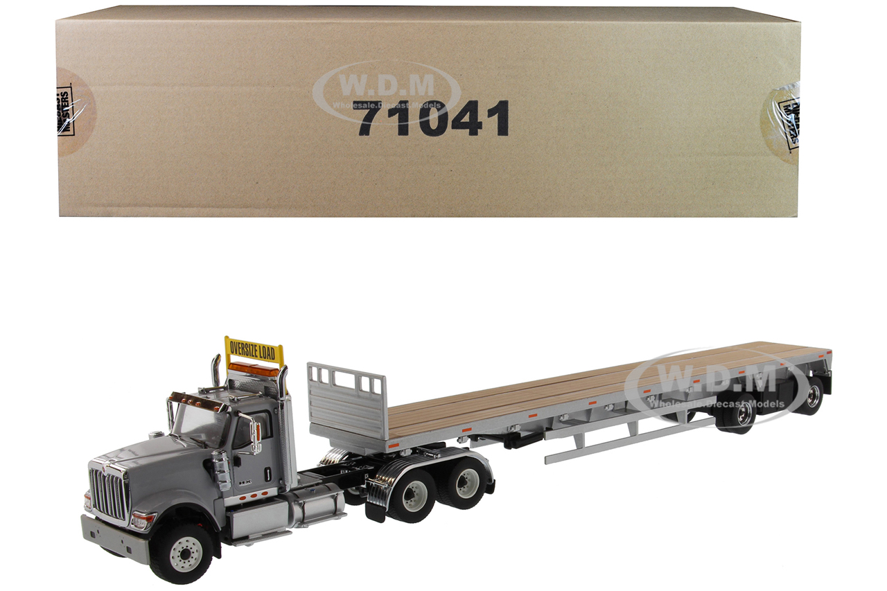 International Hx520 Tandem Tractor Light Gray With 53 Flat Bed Trailer "transport Series" 1/50 Diecast Model By Diecast Masters