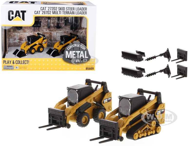 Set Of 2 Pieces Cat Caterpillar 272d2 Skid Steer Loader And Cat Caterpillar 297d2 Multi Terrain Track Loader With Accessories 1/64 Diecast Models By