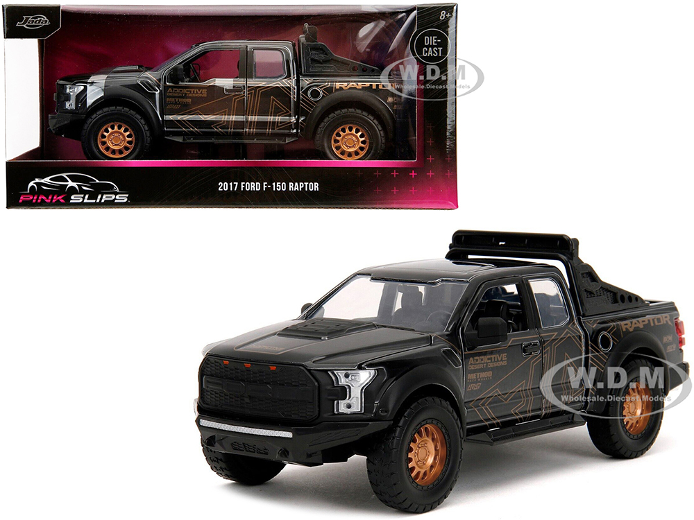 2017 Ford F-150 Raptor Pickup Truck Black with Gold Graphics Pink Slips Series 1/24 Diecast Model Car by Jada