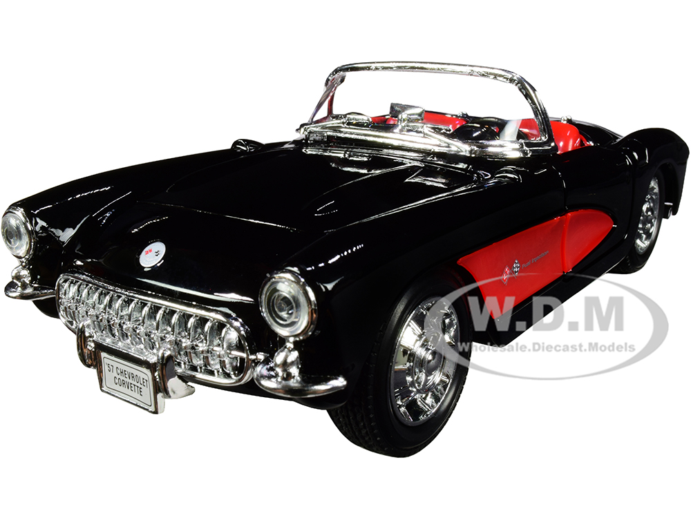 Image of 1957 Chevrolet Corvette Convertible Black and Red with Red Interior "NEX Models" 1/24 Diecast Model Car by Welly