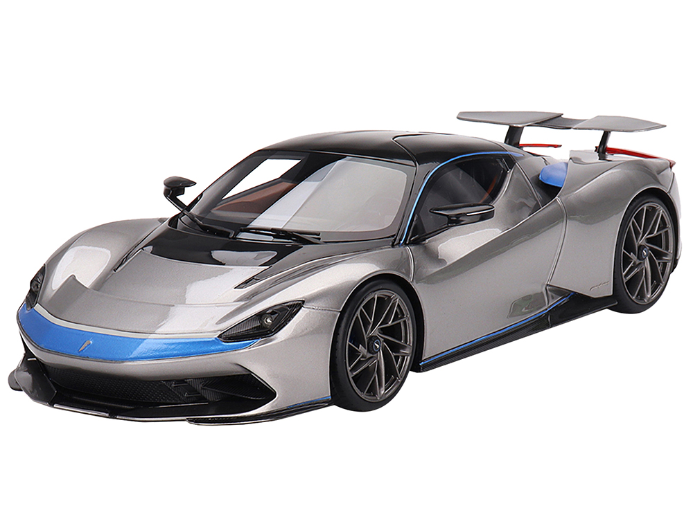 2019 Automobili Pininfarina Battista Grigio Luserna Silver Metallic with Iconica Blu Blue Accents and Black Top World Premiere 1/18 Model Car by Top Speed