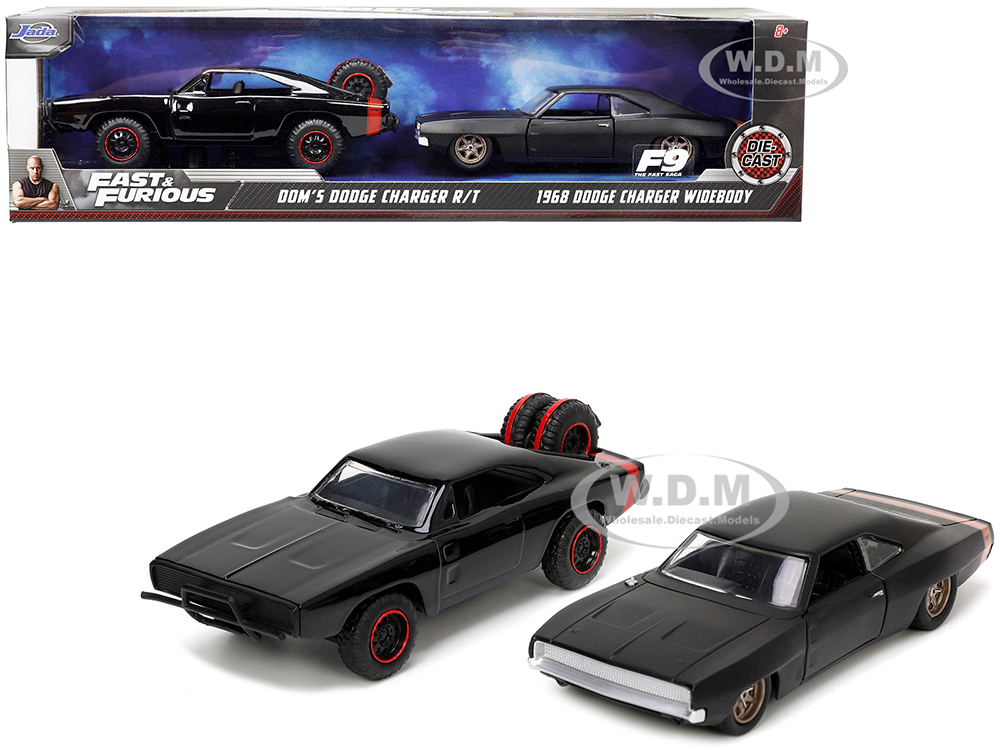 Doms Dodge Charger R/T Black with Red Tail Stripe and 1968 Dodge Charger Widebody Matt Black with Bronze Tail Stripe Set of 2 pieces Fast & Furious Series 1/32 Diecast Model Cars by Jada