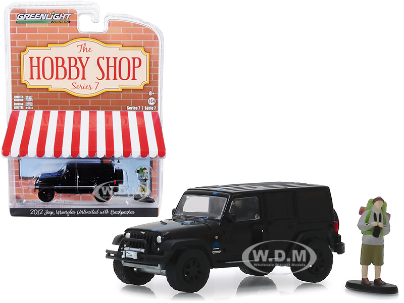2012 Jeep Wrangler Unlimited "mopar" Off-road Black With Backpacker Figurine "the Hobby Shop" Series 7 1/64 Diecast Model Car By Greenlight