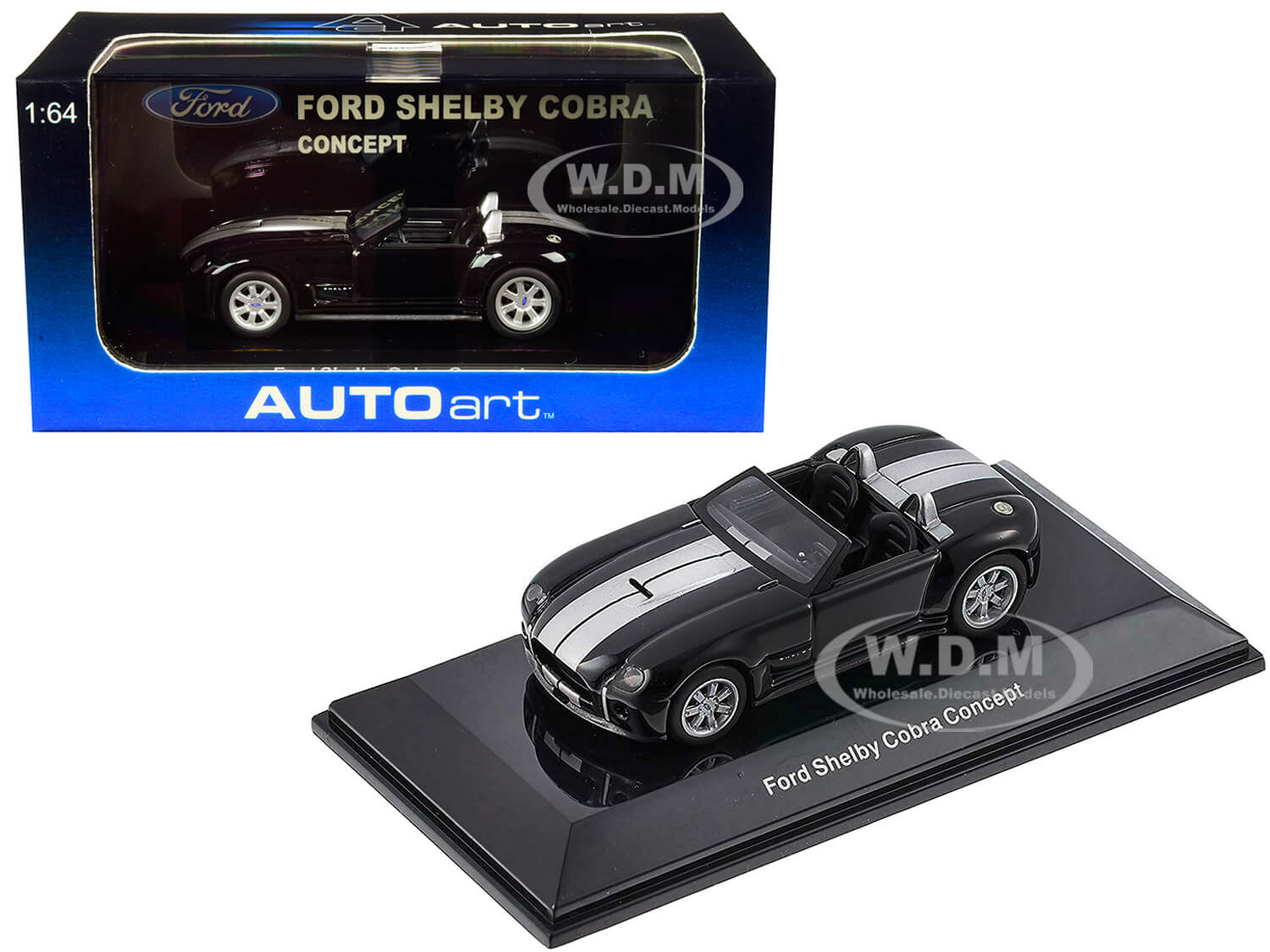 2004 Ford Shelby Cobra Concept Ebony Black Metallic With Bright Argent Silver Stripes 1/64 Diecast Model Car By Autoart