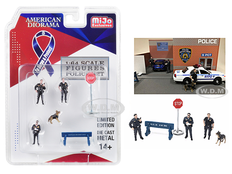 "police" 6 Piece Diecast Set (3 Figurines 1 Dog And 2 Accessories) For 1/64 Scale Models By American Diorama