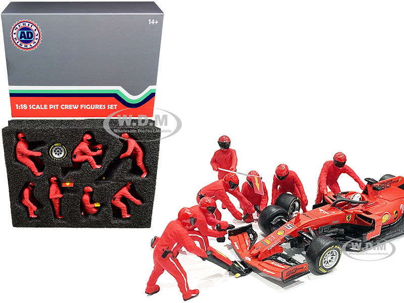 Image of Formula One F1 Pit Crew 7 Figurine Set Team Red for 1/18 Scale Models by American Diorama