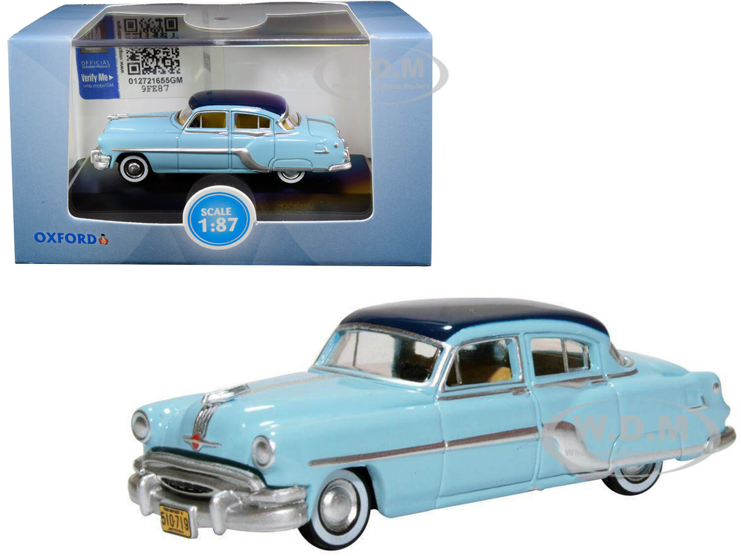 1954 Pontiac Chieftain 4 Door Mayfair Blue with San Marino Blue Top 1/87 (HO) Scale Diecast Model Car by Oxford Diecast