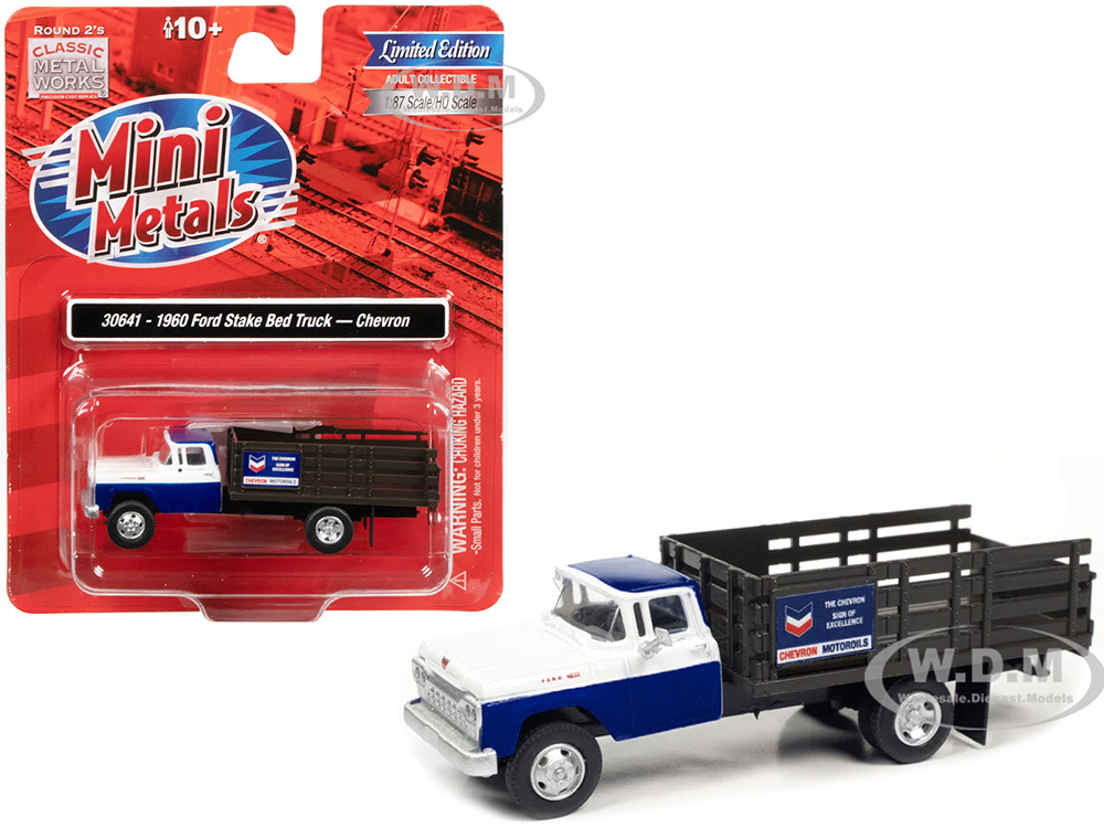 1960 Ford Stake Bed Truck "Chevron" Blue and White 1/87 (HO) Scale Model Car by Classic Metal Works