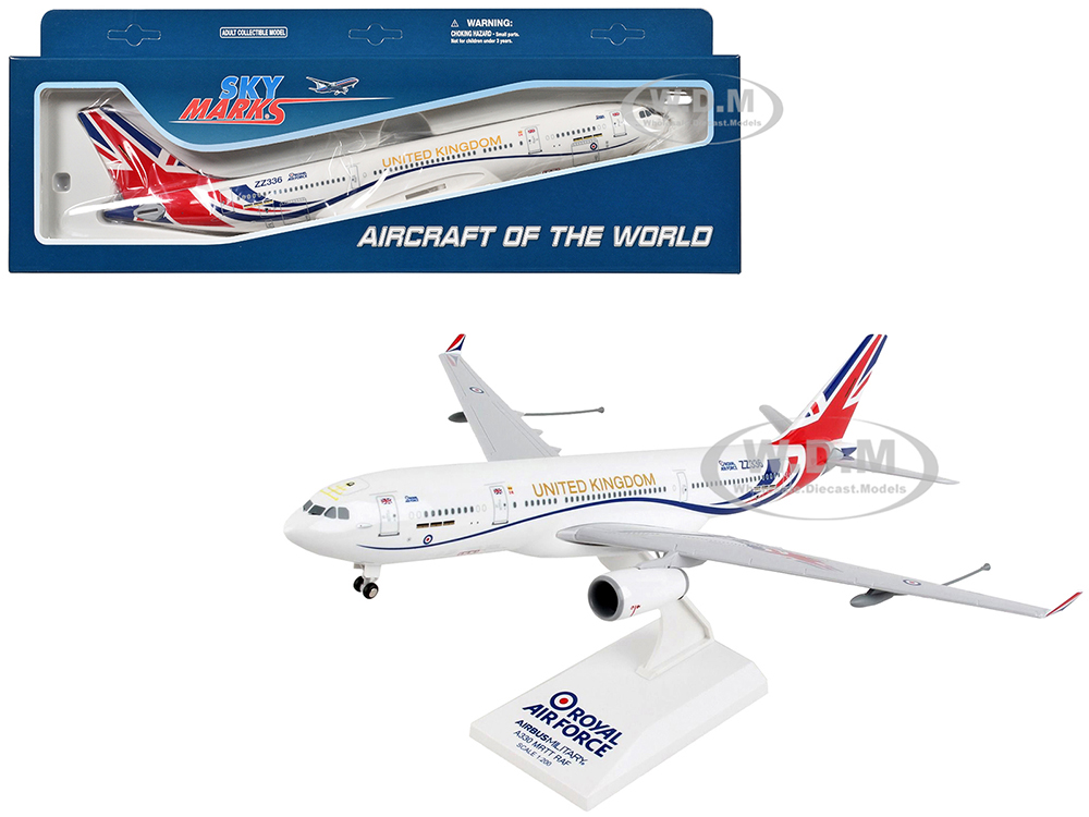 Airbus A330 MRTT Voyager Commercial Aircraft with Landing Gear United Kingdom Royal Air Force (ZZ336) White with Red and Blue Stripes (Snap-Fit) 1/200 Plastic Model by Skymarks