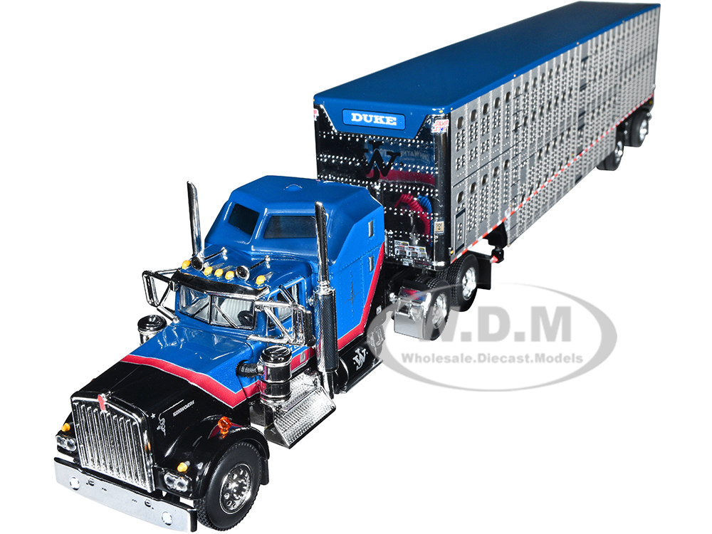 Kenworth W900A Sleeper and Wilson Silverstar Livestock Spread-Axle Trailer Black and Blue with Red Stripes "John Wayne Cattle Co." 1/64 Diecast Model