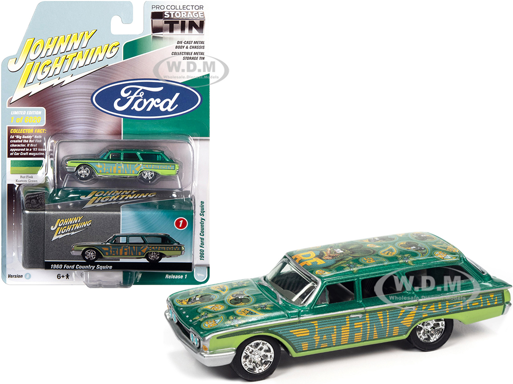 1960 Ford Country Squire "Rat Fink" Kustom Green and Teal with Graphics and Collector Tin Limited Edition to 6020 pieces Worldwide 1/64 Diecast Model