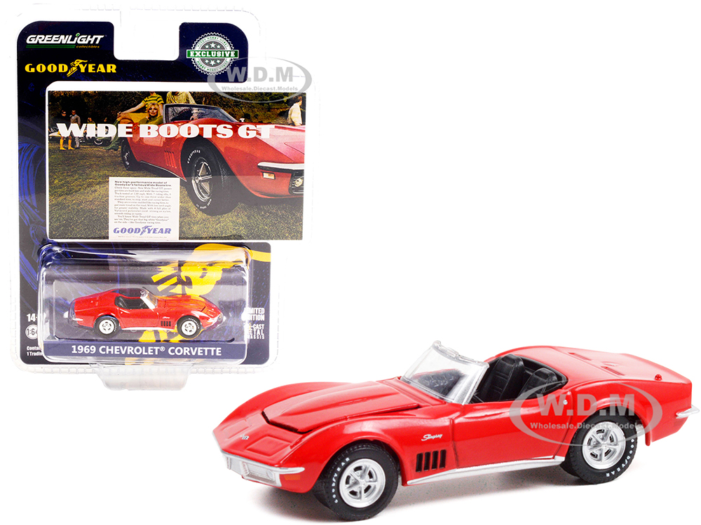 1969 Chevrolet Corvette Convertible Red "Wide Boots GT" Goodyear Vintage Ad Cars 1/64 Diecast Model Car by Greenlight