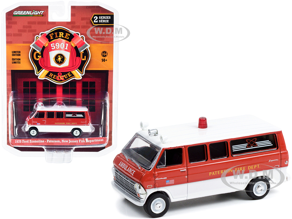 1970 Ford Econoline Bus Red and White "Paterson Fire Department" (New Jersey) "Fire &amp; Rescue" Series 2 1/64 Diecast Model Car by Greenlight