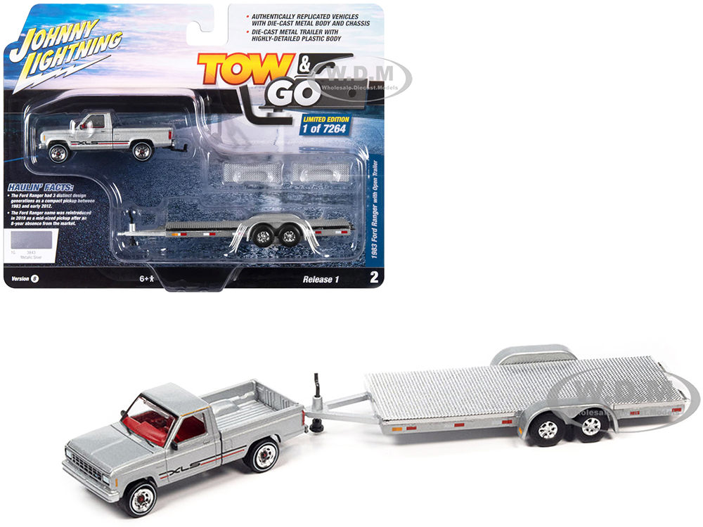 1983 Ford Ranger XLS Pickup Truck Silver Metallic with Red Interior with Open Flatbed Trailer Limited Edition to 7264 pieces Worldwide "Tow &amp; Go"