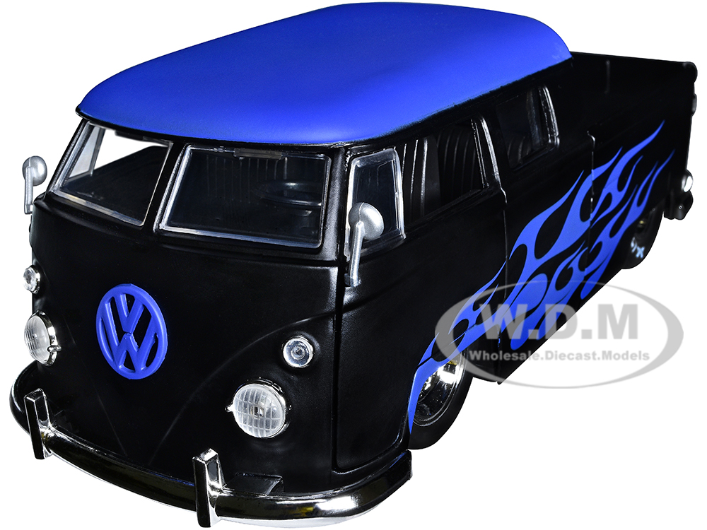 1963 Volkswagen Bus Pickup Truck Matt Black with Matt Blue Top and Flames Graphics Punch Buggy Series 1/24 Diecast Model Car by Jada