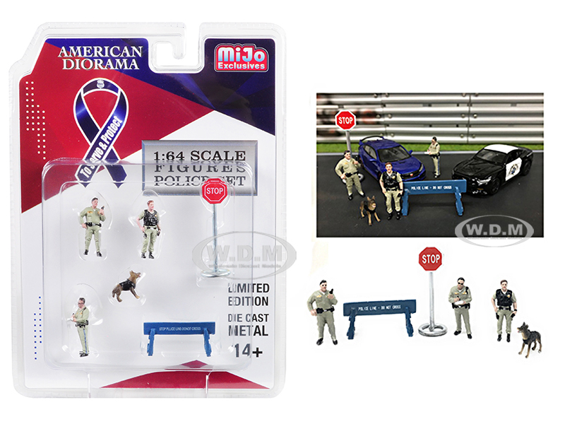 "highway Police" 6 Piece Diecast Set (3 Figurines 1 Dog And 2 Accessories) For 1/64 Scale Models By American Diorama