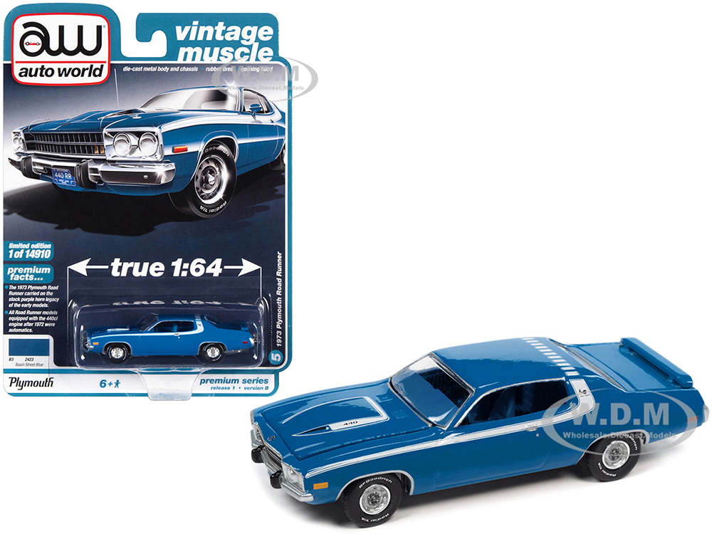 1973 Plymouth Road Runner 440 Basin Street Blue with White Stripes and Blue Interior Vintage Muscle Limited Edition to 14910 pieces Worldwide 1/64 Diecast Model Car by Auto World
