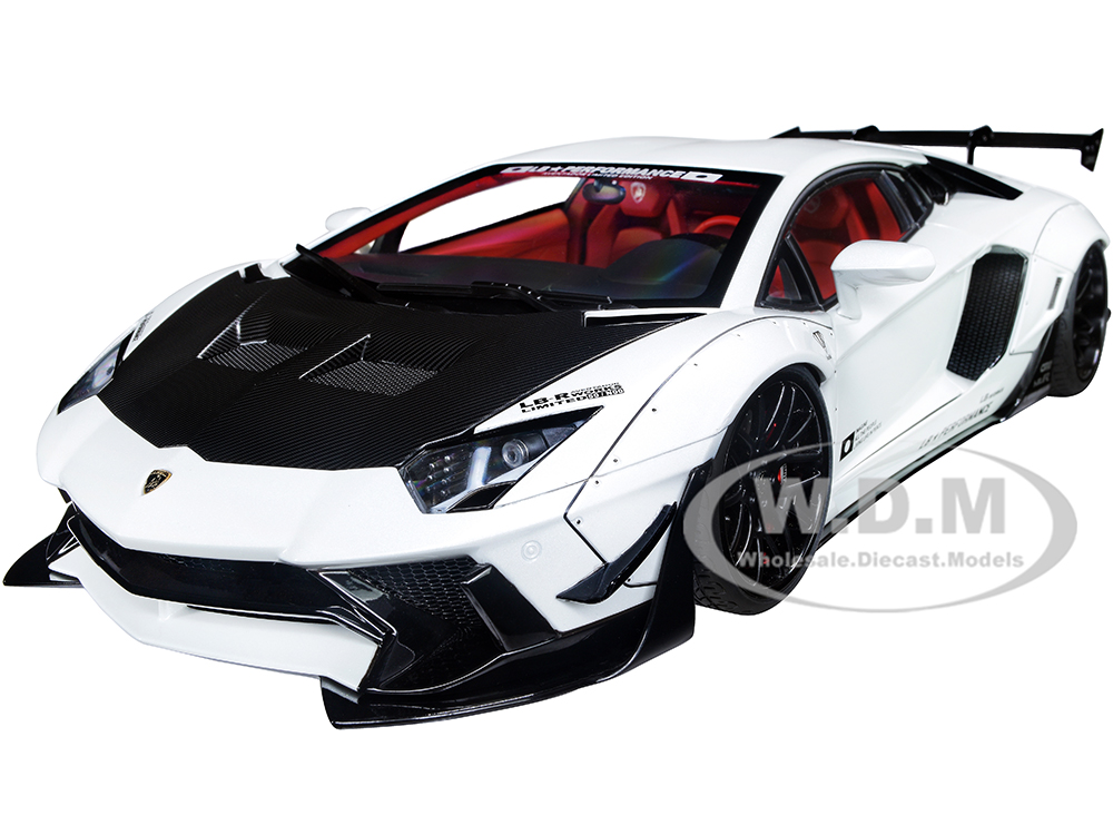 Lamborghini Aventador Liberty Walk LB-Works White Metallic with Carbon Hood and Red Interior Limited Edition 1/18 Model Car by Autoart