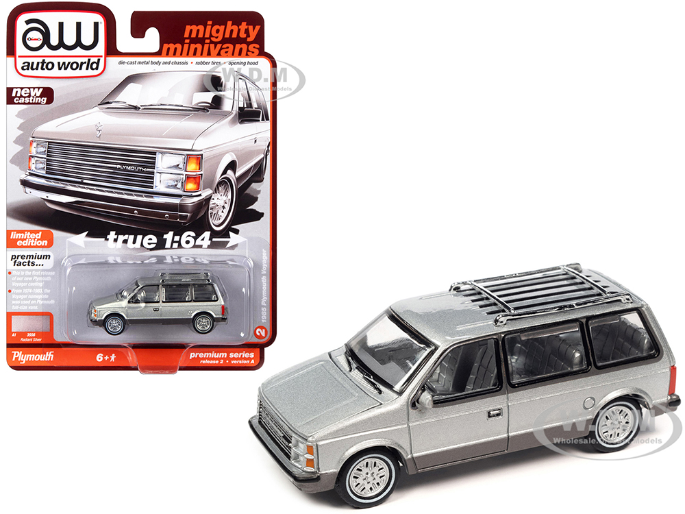 1985 Plymouth Voyager Minivan Radiant Silver Metallic with Roofrack Mighty Minivans Limited Edition 1/64 Diecast Model Car by Auto World
