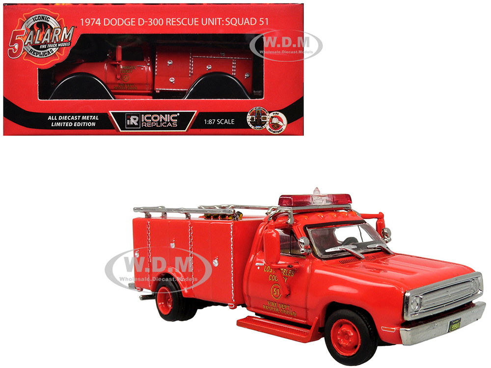 1974 Dodge D-300 Rescue Unit "Los Angeles County Fire Department Squad 51" Red "5 Alarm" Series Limited Edition 1/87 (HO) Diecast Model by Iconic Rep