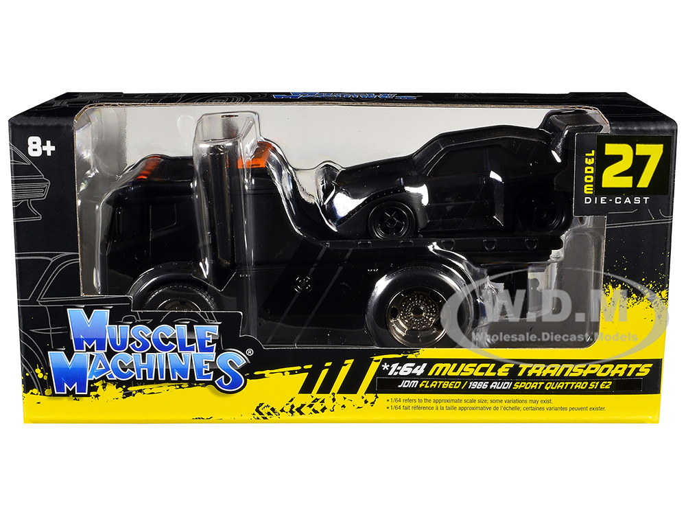 JDM Flatbed Truck Matt Black and 1986 Audi Sport Quattro S1 E2 Matt Black "Muscle Transports" Series 1/64 Diecast Models by Muscle Machines