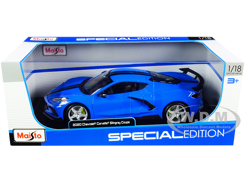 2020 Chevrolet Corvette Stingray C8 Coupe With High Wing Blue With Black Stripes 1/18 Diecast Model Car By Maisto