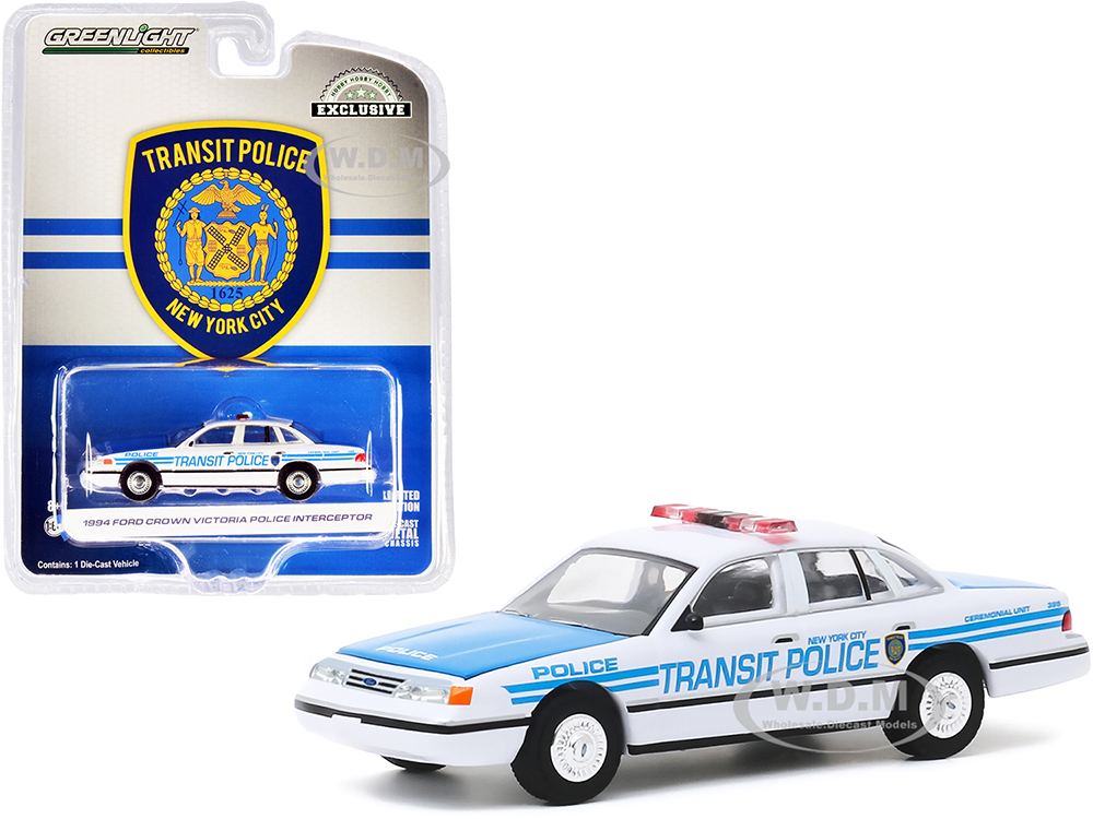 Image of 1994 Ford Crown Victoria Police Interceptor "New York City Transit Police" Ceremonial Unit White and Blue "Hobby Exclusive" 1/64 Diecast Model Car by