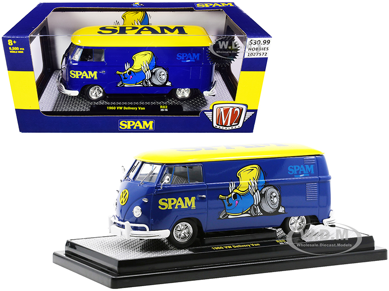 1960 Volkswagen Delivery Van "Spam" Blue with Yellow Top Limited Edition to 6500 pieces Worldwide 1/24 Diecast Model by M2 Machines