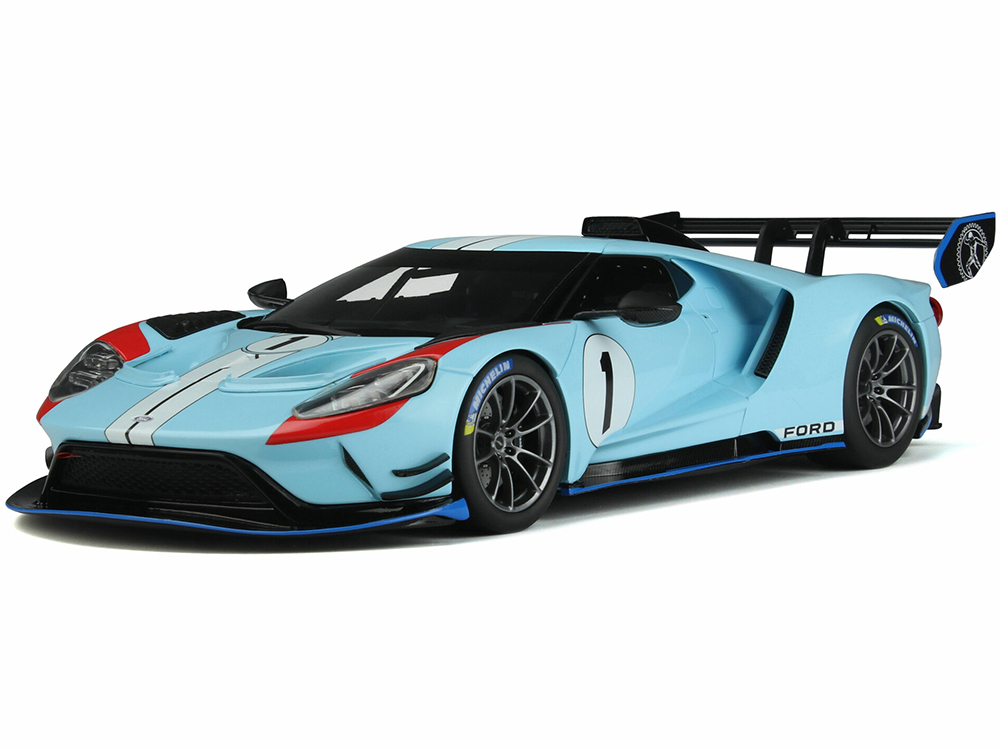 2021 Ford GT MK II 1 Light Blue with White Stripes "Heritage Edition" 1/18 Model Car by GT Spirit